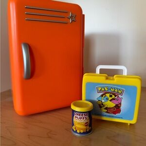 American Girl Doll fridge and Pac Man lunch box and contents